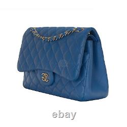 CHANEL Cobalt Blue Jumbo Double Flap Lambskin Leather Bag, Gold Tone Hardware