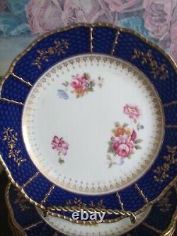 Cauldon England Set Of 11 Porcelain Salad Plate Cobalt Blue Flowers Gold 8 3/4