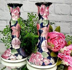 Chinoiserie Pink Peony Cobalt Blue Candle Holders Set Gold Trim Ornate Floral