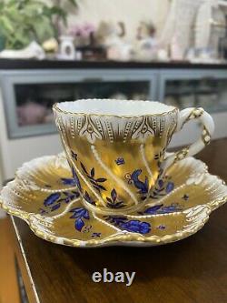 Coalport Swirl Raised Flower Cobalt Blue Tea Cup Saucer Gold AS IS