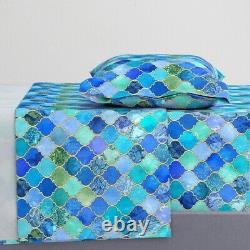 Cobalt Blue Aqua Moroccan Tiles Gold 100% Cotton Sateen Sheet Set by Spoonflower