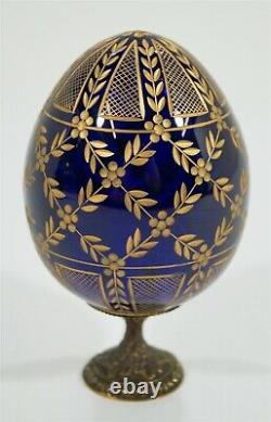 Cobalt Blue & Gold Cut Crystal Fabergé Imperial Easter Egg on Pedestal