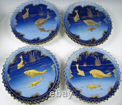 Cobalt Blue & Gold Set of 8 Pirkenhammer Porcelain Plates with Fish Antique