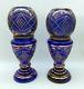 Cobalt Blue And Gold Pair Of Two Piece Vases Very Unusual Large Tall Brass Rim