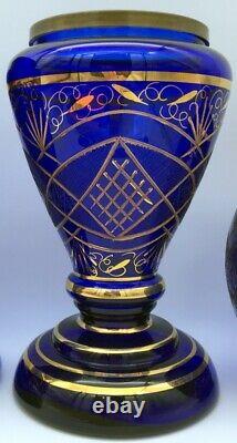Cobalt Blue and Gold pair of Two Piece Vases Very Unusual Large Tall Brass Rim