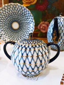 Coffee set Cobalt net with gold 6 pers Lomonosov porcelain factory LFZ USSR