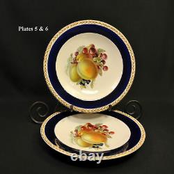 Crown Ducal Set 9 Deep 8 3/4 Plates Fruit 5 Designs 1916-1925 Cobalt Blue Gold