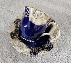 Crown Staffordshire England Porcelain Demitasse Cup Saucer Cobalt Blue Gold