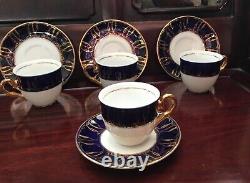 Czech Republic bohemian 4 tea cup and saucer set cobalt blue gold gilt demitasse