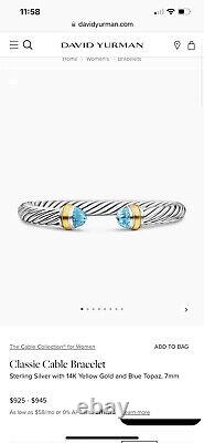 David Yurman Blue Topaz With Gold 8mm Sterling Silver Cuff Size Small