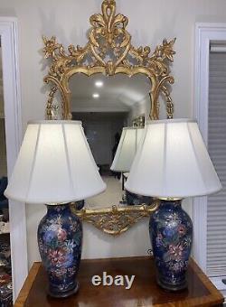 Deep Cobalt Blue Handpainted Chinese Porcelain Lamps Pair Florals With Gold