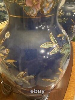 Deep Cobalt Blue Handpainted Chinese Porcelain Lamps Pair Florals With Gold