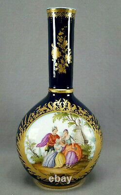 Dresden Wolfsohn Hand Painted Watteau Scene Cobalt & Gold 12 Inch Vase A