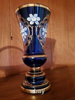 Egermann Hand Blown Cobalt Engraved Crystal 10 Inch Vase With 24k Gold Accents