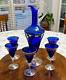 Elegant Cobalt Blue With Gold Accents Decanter Set With Six Footed Glasses