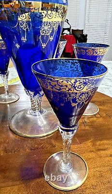 Elegant Cobalt Blue with Gold Accents Decanter Set with Six Footed Glasses