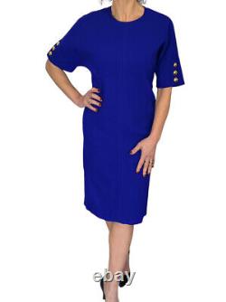Escada Women's Dixari Short Sleeve Wool Shift Gold Button Dress Cobalt Blue 36 6