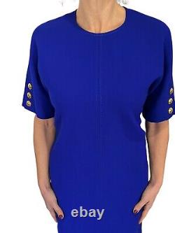 Escada Women's Dixari Short Sleeve Wool Shift Gold Button Dress Cobalt Blue 36 6