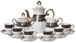 Euro Porcelain 17-pc Tea Set for 6 Flower Pattern Dark Cobalt Blue 24K Gold