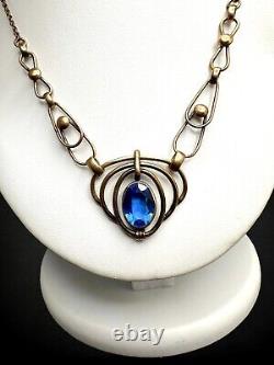 European Art Deco 12 kt GF Sapphire Blue Paste Open Back Metalwork Necklace