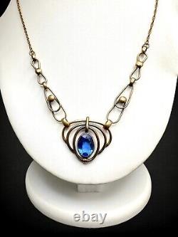 European Art Deco 12 kt GF Sapphire Blue Paste Open Back Metalwork Necklace