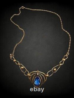 European Art Deco 12 kt GF Sapphire Blue Paste Open Back Metalwork Necklace