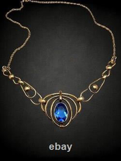 European Art Deco 12 kt GF Sapphire Blue Paste Open Back Metalwork Necklace