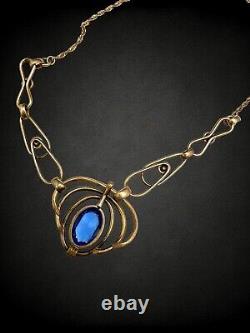 European Art Deco 12 kt GF Sapphire Blue Paste Open Back Metalwork Necklace