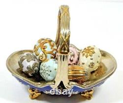 Fabergé Franklin Mint Winter Egg Basket with 9 Eggs Cobalt Blue Silver Gold Basket