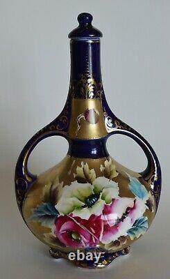 Fabulous cobalt Royal Nishiki Nippon two handle bottle / vase Gold & Poppies