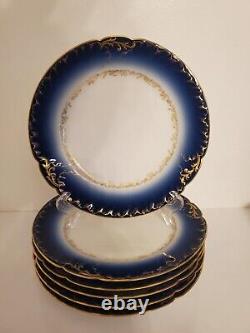 Fine Set of 6 Cobalt Blue Limoges Salad Luncheon Plates Gilt Rim D 8 1/2