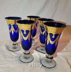 Five (5) Arte Italica Medici Cobalt Blue Fine Champagne Glasses 24 Kt Gold Italy