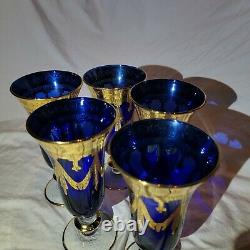 Five (5) Arte Italica Medici Cobalt Blue Fine Champagne Glasses 24 Kt Gold Italy