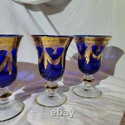 Five Arte Italica Cobalt Blue & 24kt Gold Wine Goblets Glasses 6 1/2 In Italy