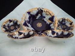 Flow Blue porcelain china berry set lg bowl 4 sm cobalt, gold Germany IPF 1900s