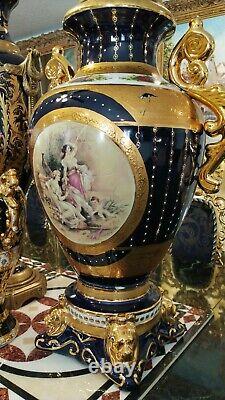 Four Cobalt Blue Gold Tall Huge French Portrait Porcelain Urns Vases Lid Pair