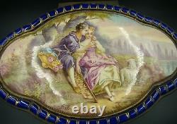 French Sevres Porcelain Cobalt Blue Covered Box Lovers Gold Ornate & Bronze 1880