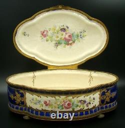 French Sevres Porcelain Cobalt Blue Covered Box Lovers Gold Ornate & Bronze 1880