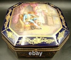 French Sevres Porcelain Jewelry Box Octagonal Gold & Cobalt Blue by L. Bertren