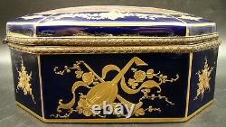 French Sevres Porcelain Jewelry Box Octagonal Gold & Cobalt Blue by L. Bertren