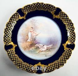 GDA Limoges Cobalt Blue & Gold Hand Painted Swan Cabinet Plate Artist Signed
