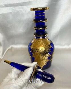 GRAND ANTQ CZECH BOHEMIAN MOSER COBALT BLUE 22k GOLD OTTOMAN SPIRE DECANTER