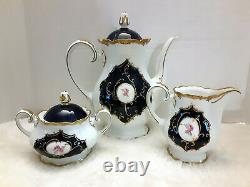 German Fine China Porcelain by Reichenbach Cobalt Blue 22k Gold Full Service 6