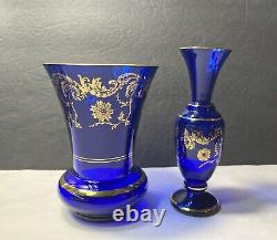 Glass Cobalt Blue Gold Gilt Flowers Floral Design Vase