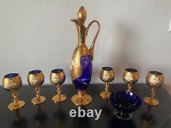 Glass Sapphire Cobalt Blue Gold Hand Painted Floral Wine Cordial Set