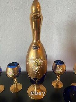 Glass Sapphire Cobalt Blue Gold Hand Painted Floral Wine Cordial Set