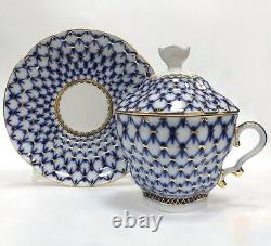 Gold Cobalt Net Cup with Lid and Saucer Imperial Lomonosov Porcelain