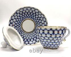 Gold Cobalt Net Cup with Lid and Saucer Imperial Lomonosov Porcelain