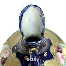 Hand Painted Nippon Cobalt Blue Raised Gold Beads Ewer Floral Center 6 Vase