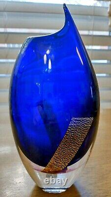 Handmade Crystal Vase, Cobalt Blue with Gold-flecked Stripes On Each Side, Sweden